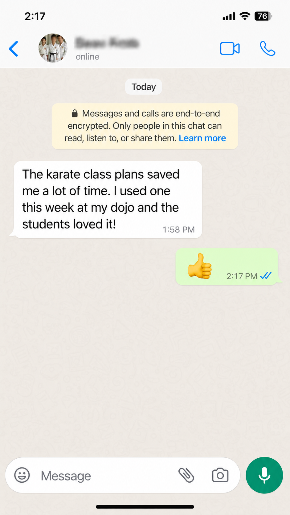 Message conversation from a dojo owner about the activity library