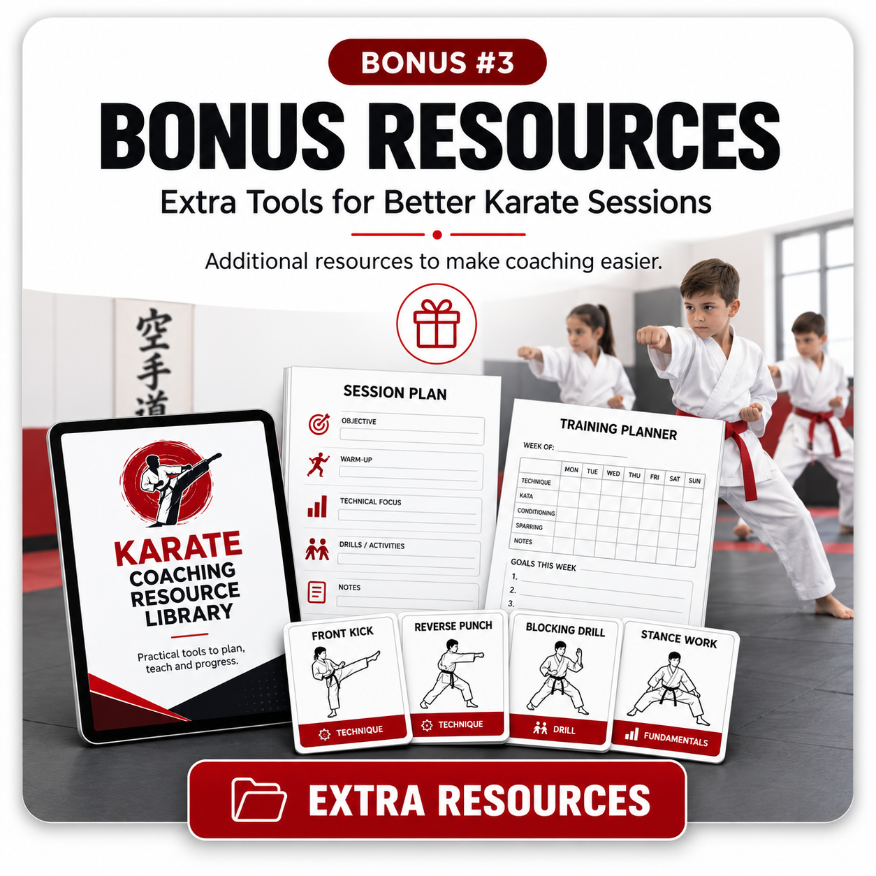 Bonus 3 cover: karate coaching resource library with session plan, training planner and technique cards
