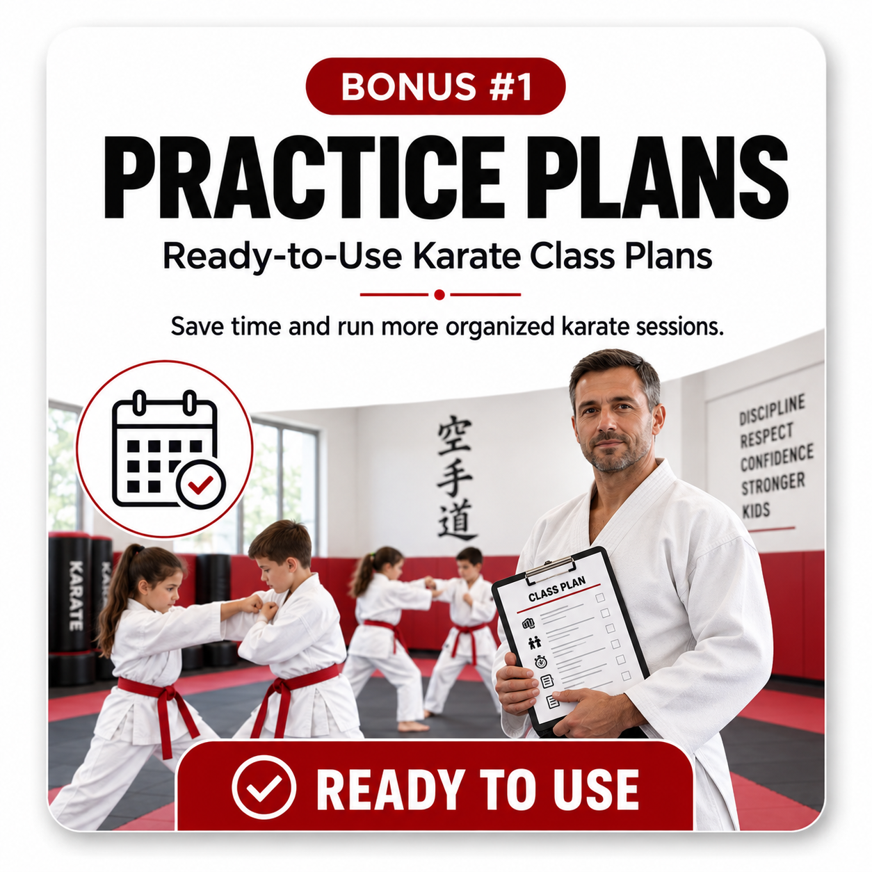 Bonus 1 cover: ready-to-use karate practice plans with an instructor holding a class plan clipboard