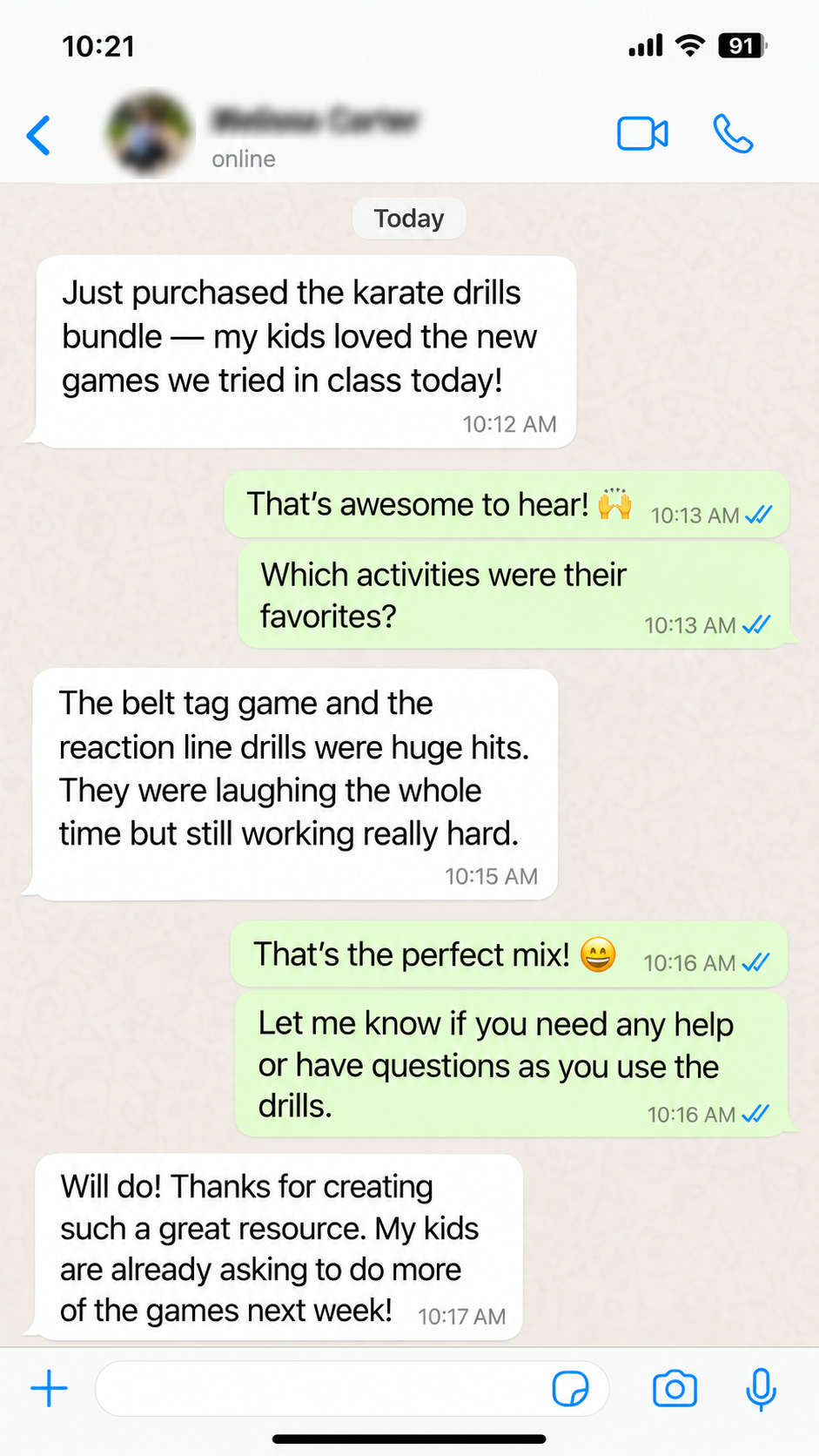 Message conversation from a kids karate instructor about the activity library
