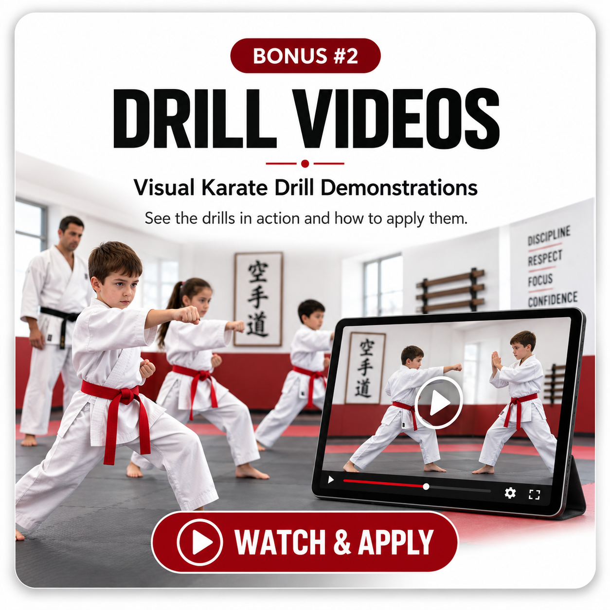 Bonus 2 cover: karate drill videos shown on a tablet beside a kids karate class