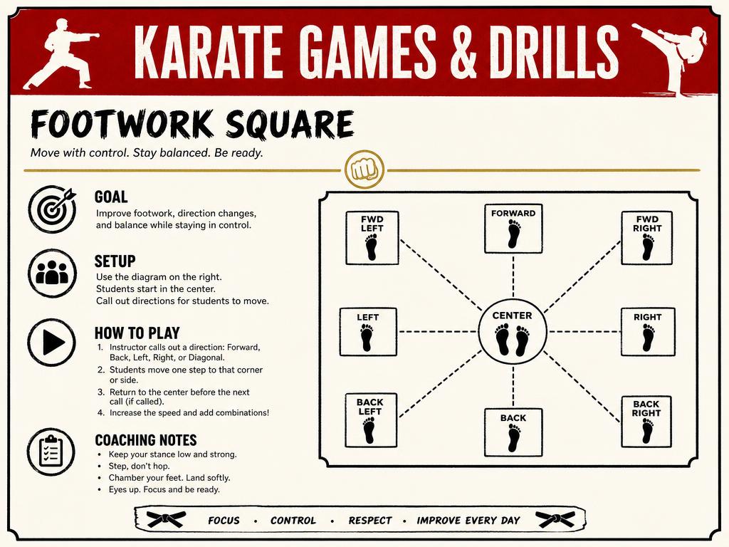 Printable Kids Karate activity card showing goal, setup, instructions and coaching notes