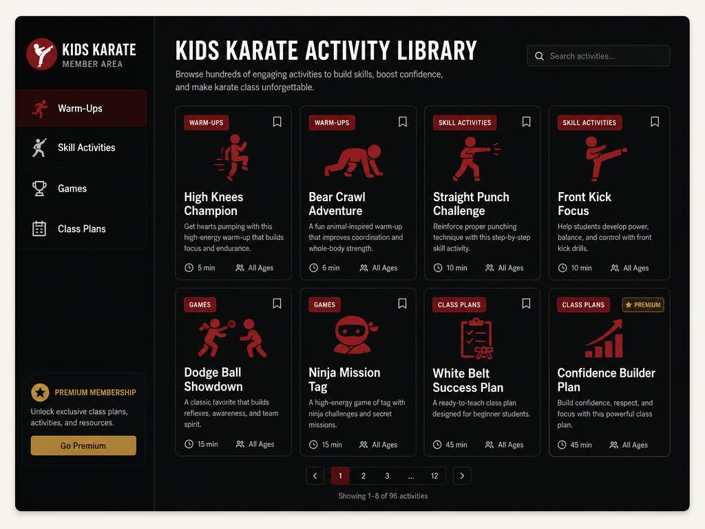 Organized Kids Karate activity library with categories and activity cards